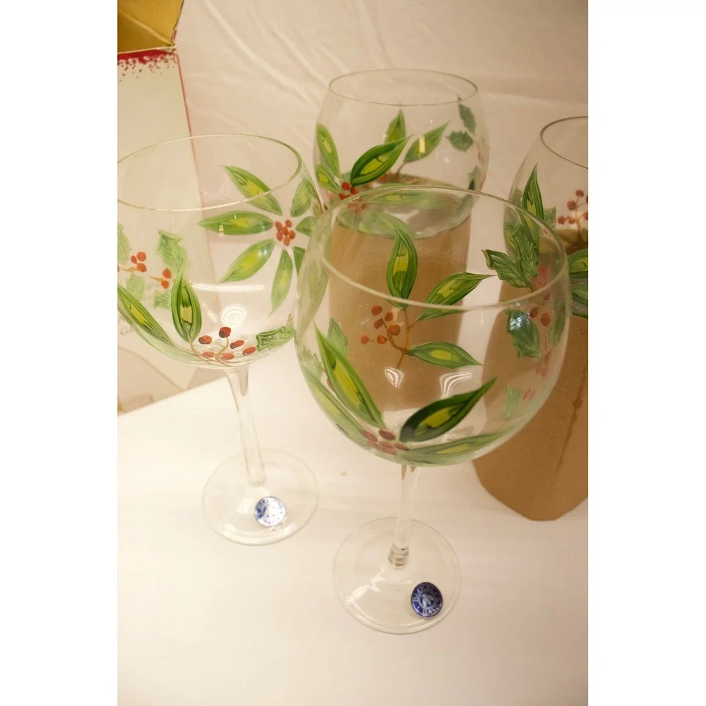 Block Basics Poinsettia Hand Painted All Purpose Goblets Set of 4 Christmas Wine